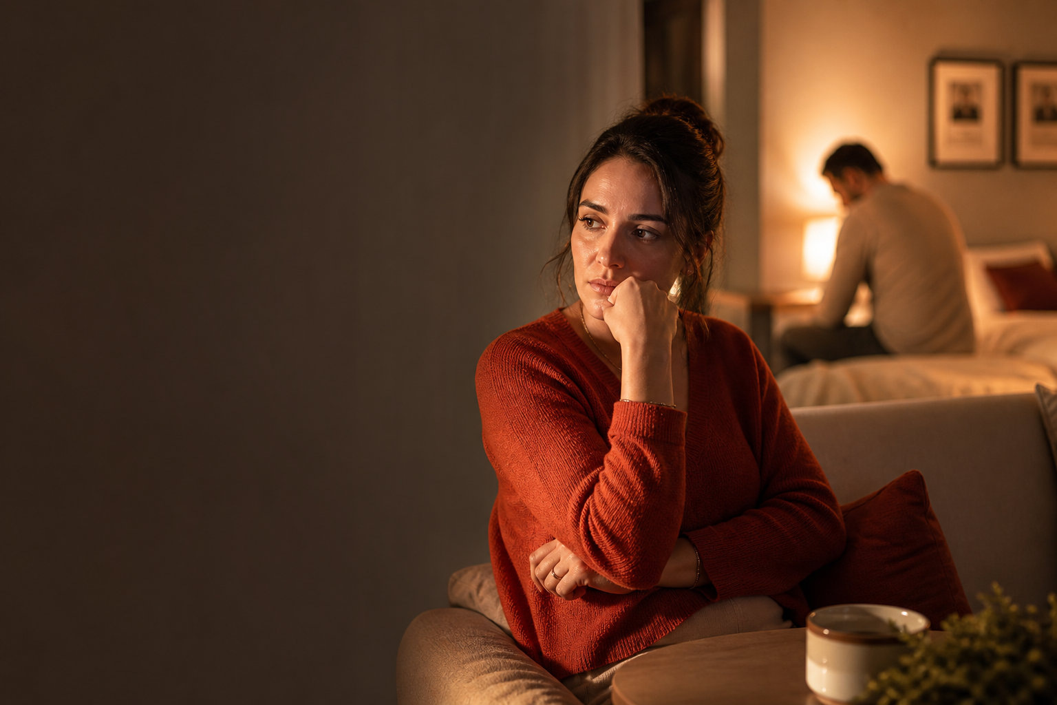 mujer pensativa en casa, ambiente íntimo y matrimonial, sin texto