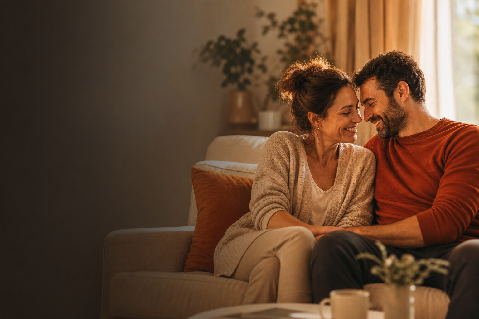 pareja en casa reconectando en un ambiente sereno, sin texto